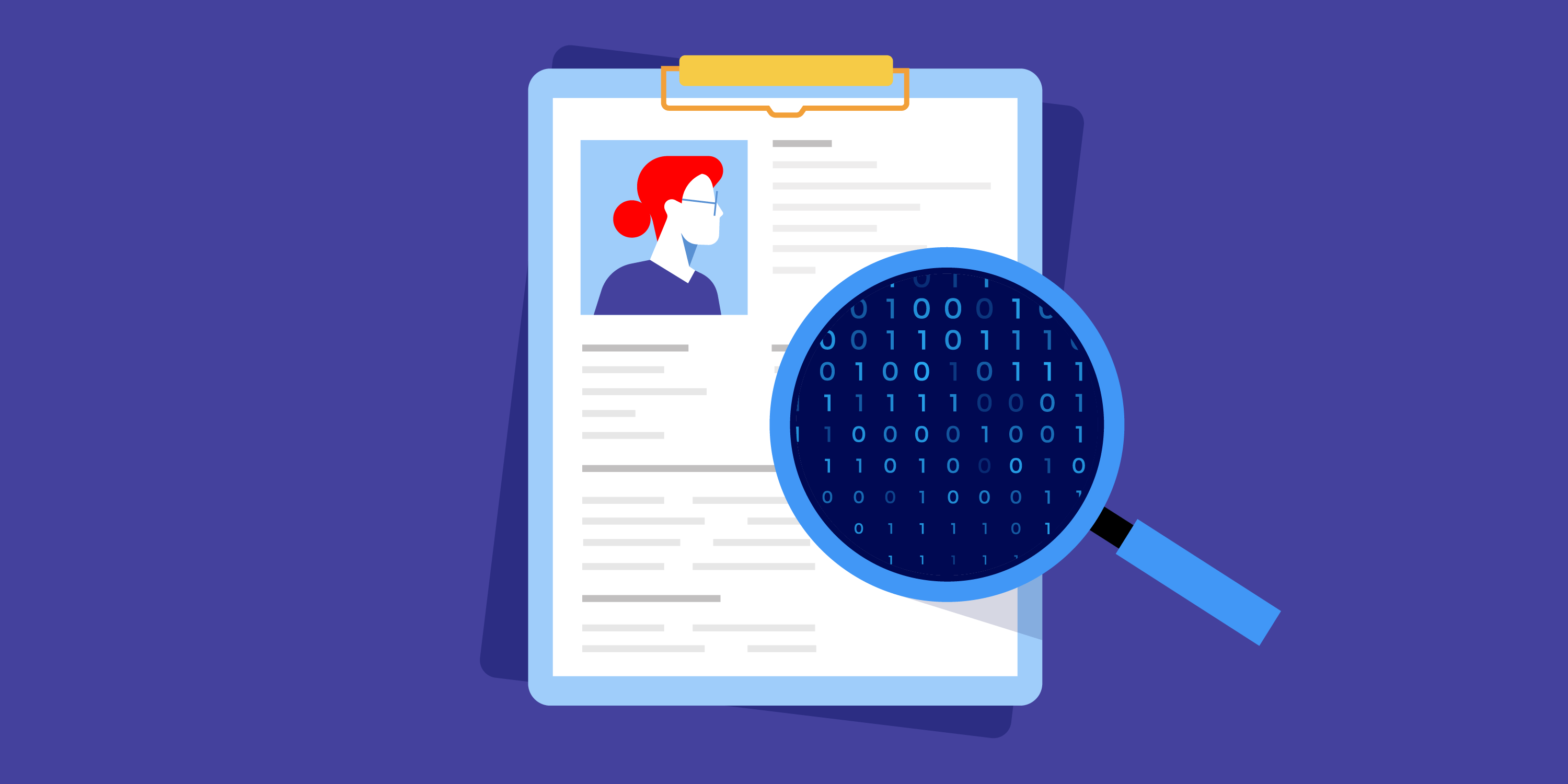 A magnifying glass hovers over a résumé and shows binary code in place of words.