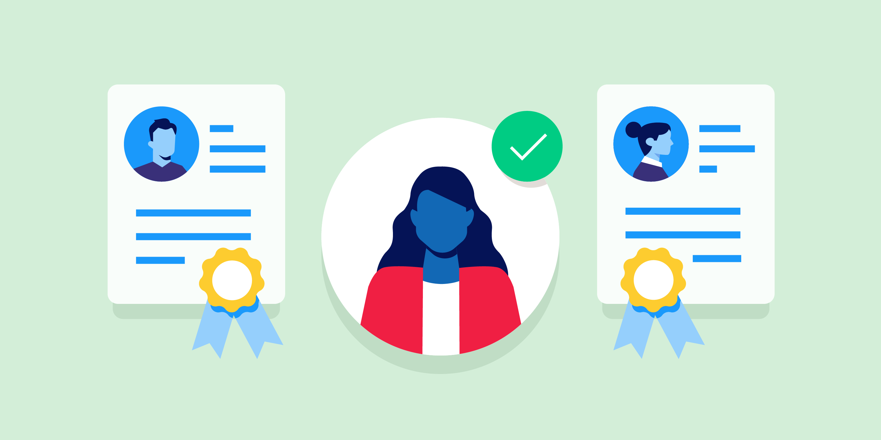 Illustration showing a job candidate with a check mark surrounded by college degrees.