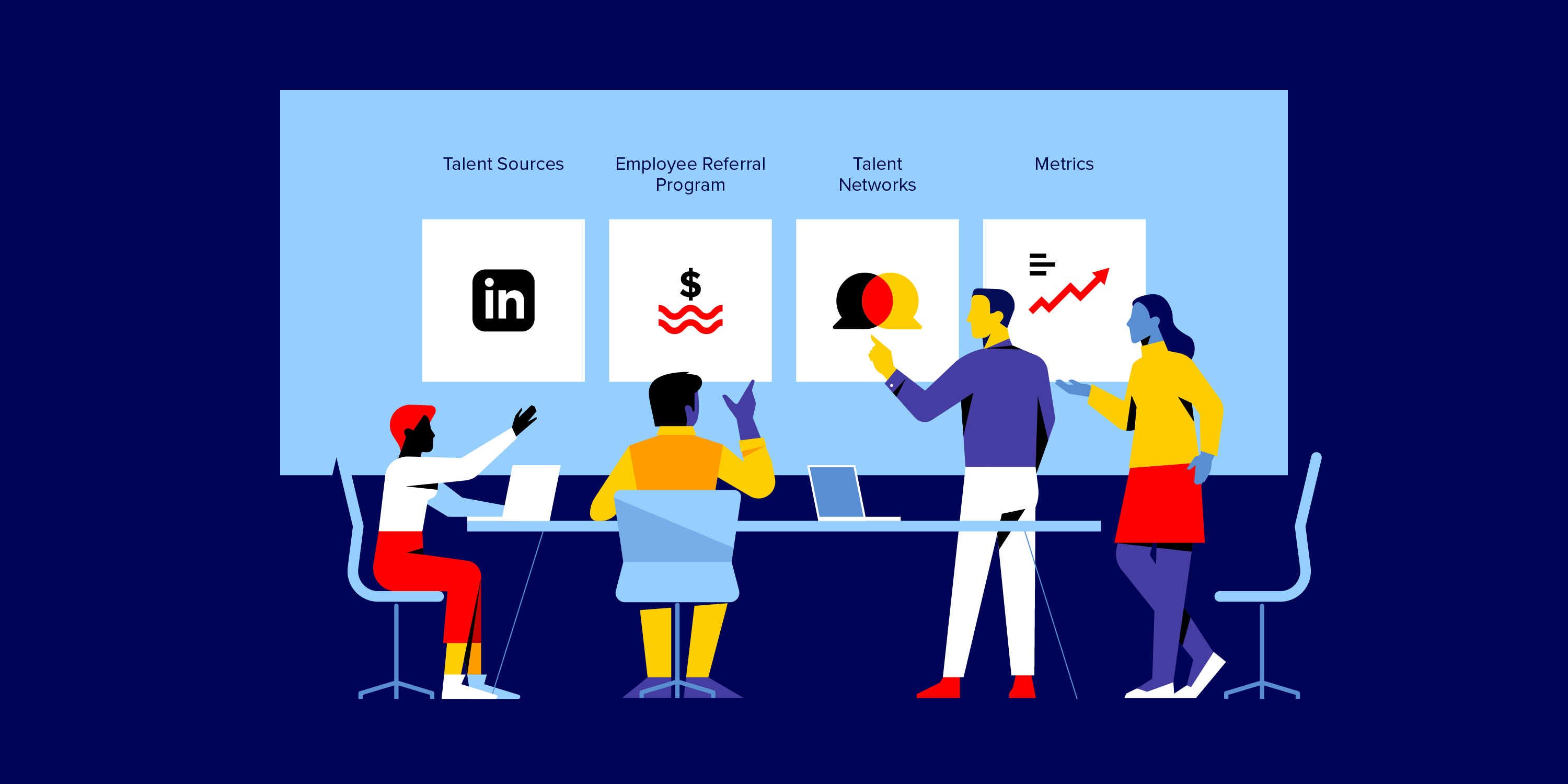 People in a conference room reviewing different talent sources to hire the right candidate.