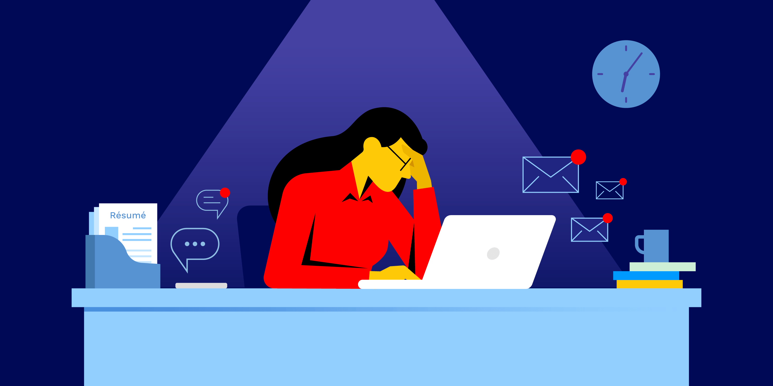 A recruiter sits slumped at their desk as work and chat notifications pile up around them and threaten to induce stress or employee burnout.