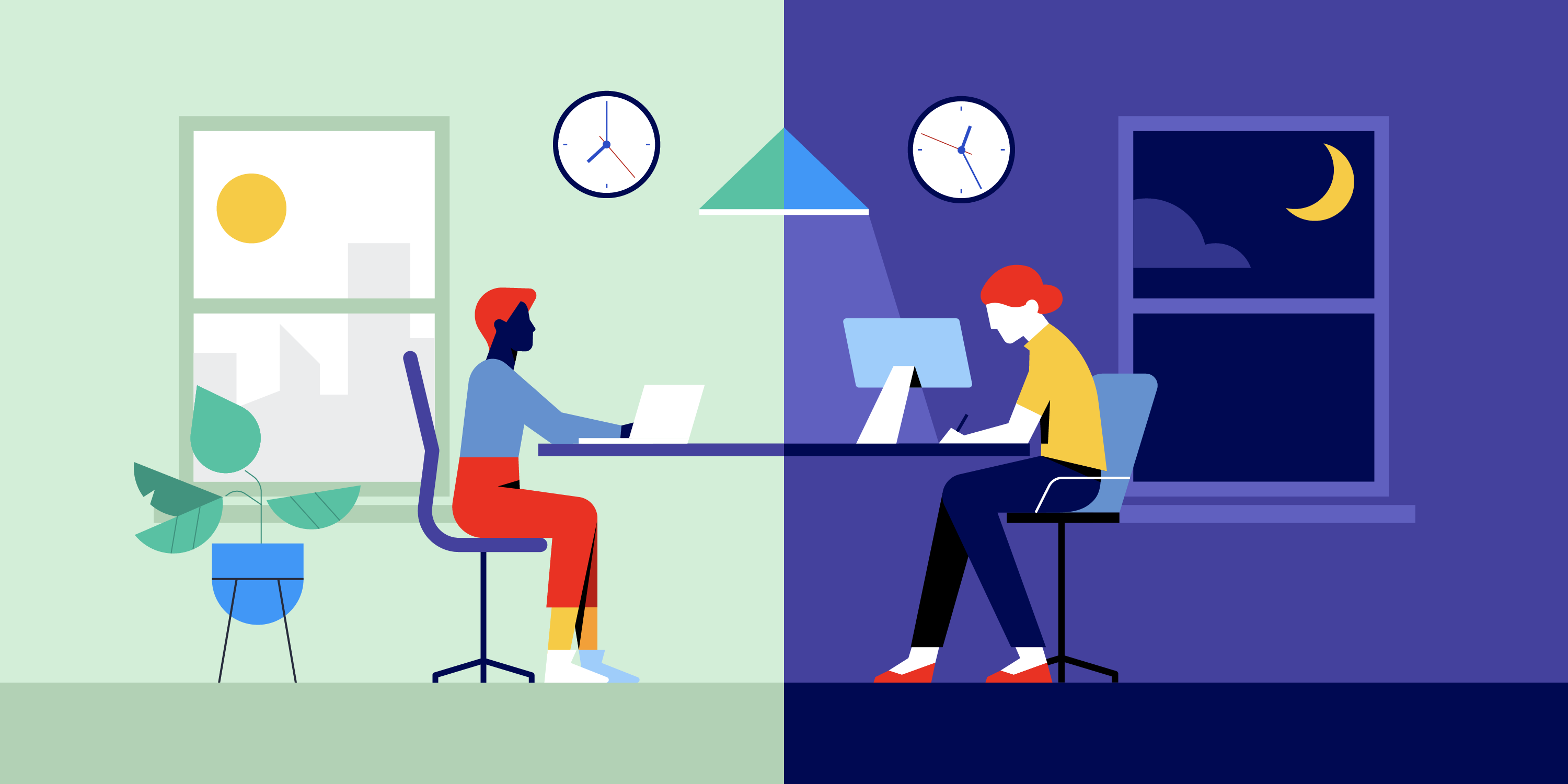 Two people sit at opposite ends of a desk, doing asynchronous work. The left is working in the day, the right is working at night.
