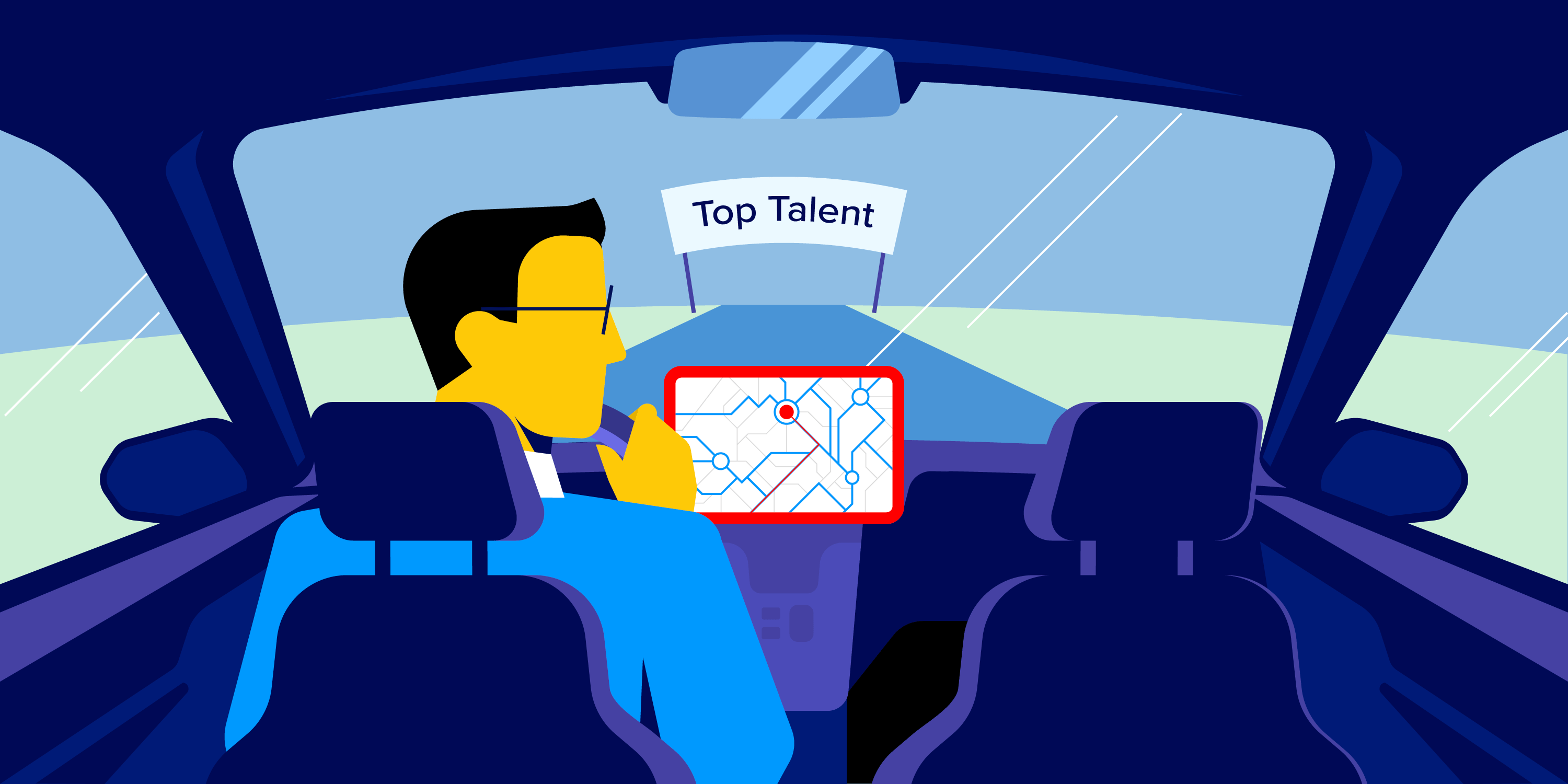 A driver in business attire uses a car navigation system to steer toward a sign reading “Top Talent.”