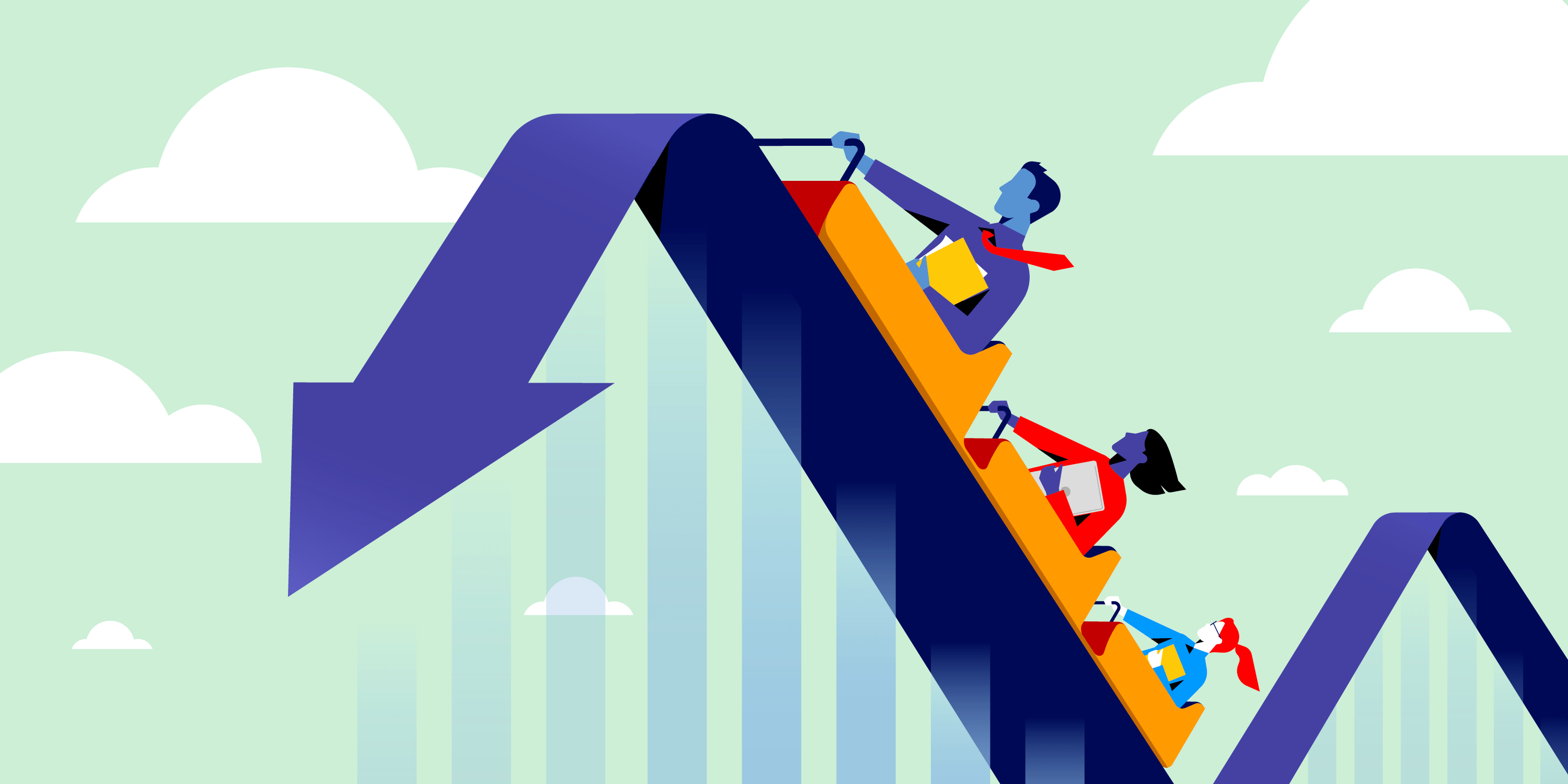 Recruiters holding résumés for tech talent ride a roller coaster to the top of a steep peak pointing downward.