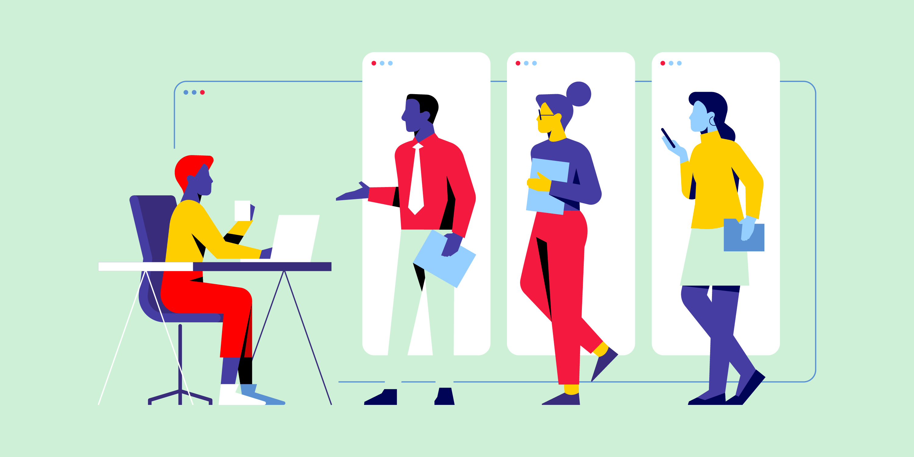A man at a desk interviews three candidates found on top websites to hire freelance developers