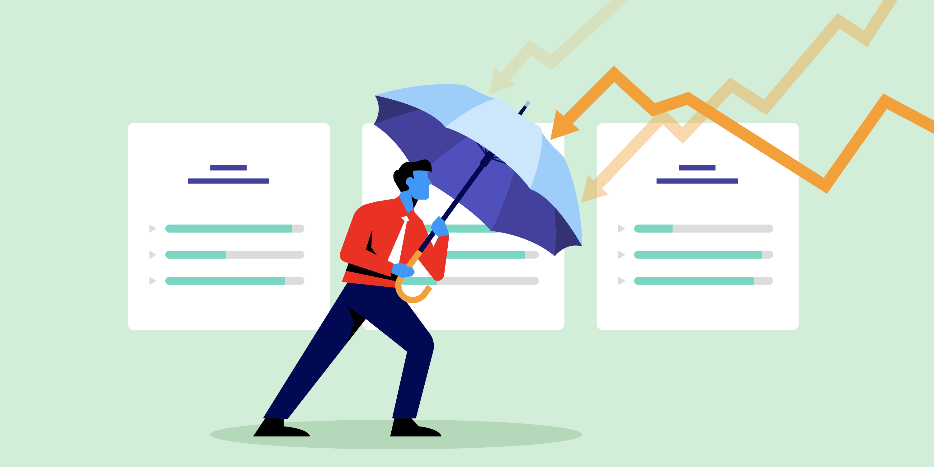 A businessman holds an umbrella and blocks arrows.
